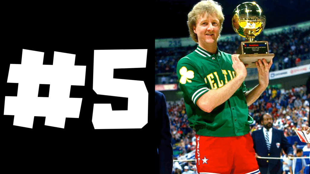 Number Five Larry Bird holding up award from three point contest with warmup jacket on white text black background 