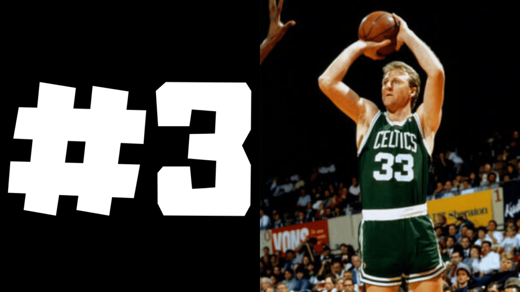 Number Three Larry Bird taking a jumpshor over defender #33 Celtics White text black background