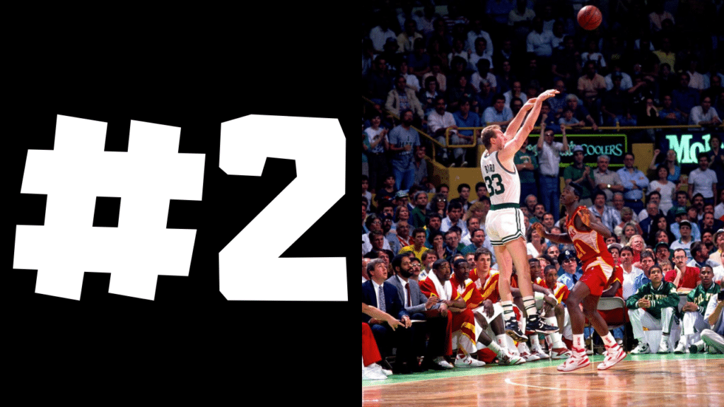Larry Bird Number Two shooting over defender left hand Hawks Trail Blazers Portland White text Black background