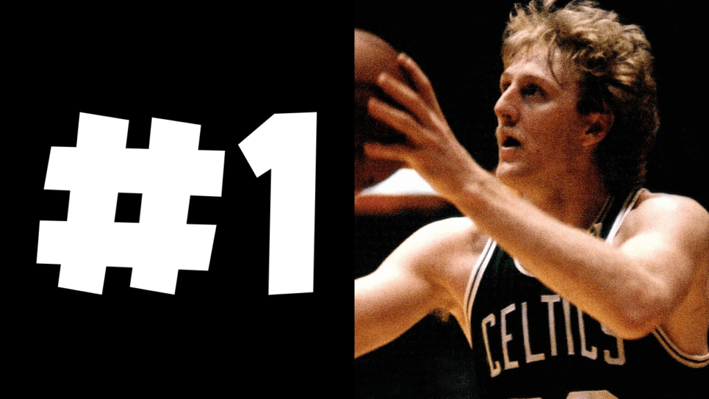 Number One Larry Bird taking shot free throw Celtics Black background White text